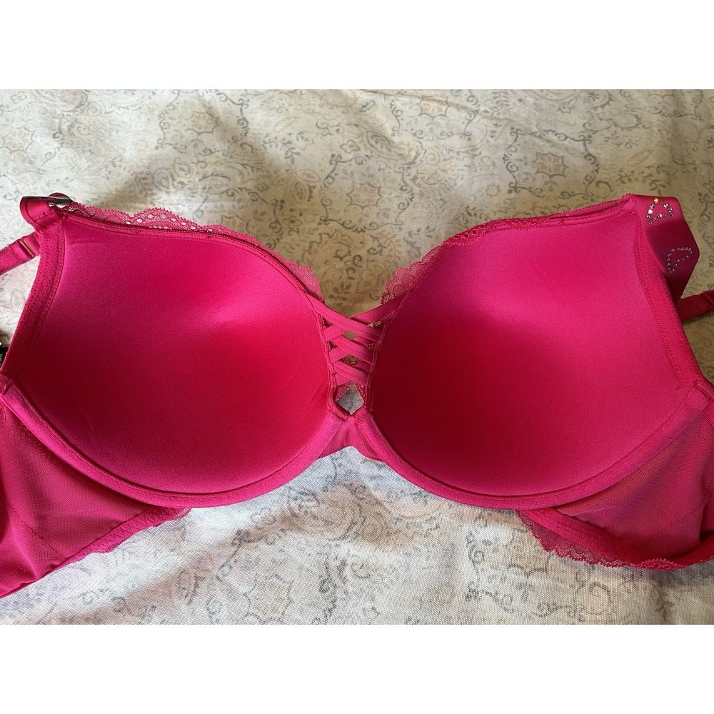 TORRID, Women's Bra,‎ 42D Plunge Push-up Chelsea Lace, Heart Diamond Strap Pink - Picture 7 of 14